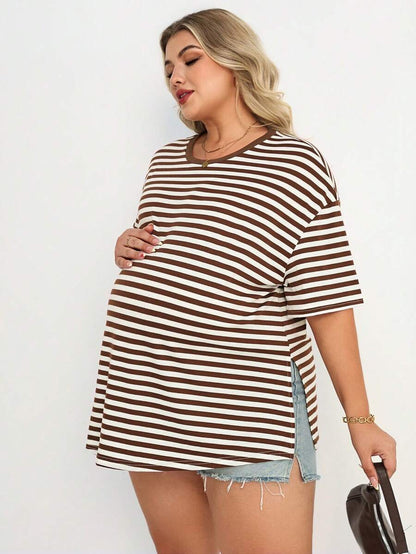 Plus Size Maternity Striped Top - Round Neck, Short Sleeve, Split Hem, Loose Fit, Long, Brown
