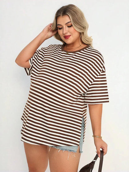 Plus Size Maternity Striped Top - Round Neck, Short Sleeve, Split Hem, Loose Fit, Long, Brown