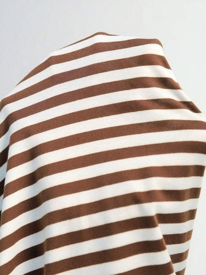 Plus Size Maternity Striped Top - Round Neck, Short Sleeve, Split Hem, Loose Fit, Long, Brown