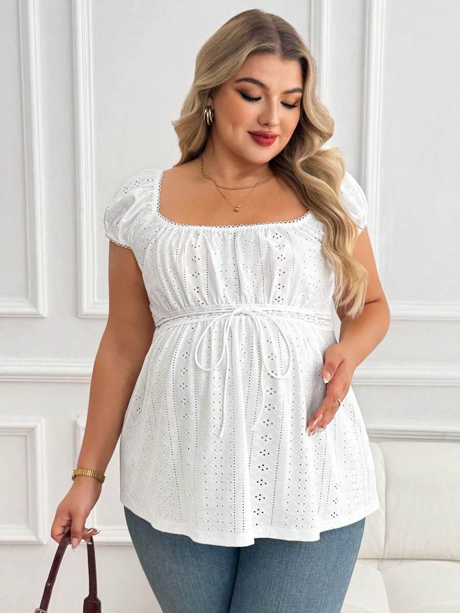 Maternity Plus Size Ruffle Trim Summer Top - Square Neck, Puff Sleeve, Drawstring, Pink
