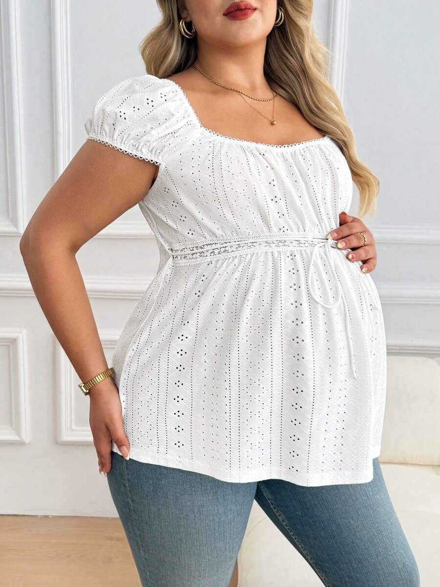 Maternity Plus Size Ruffle Trim Summer Top - Square Neck, Puff Sleeve, Drawstring, Pink