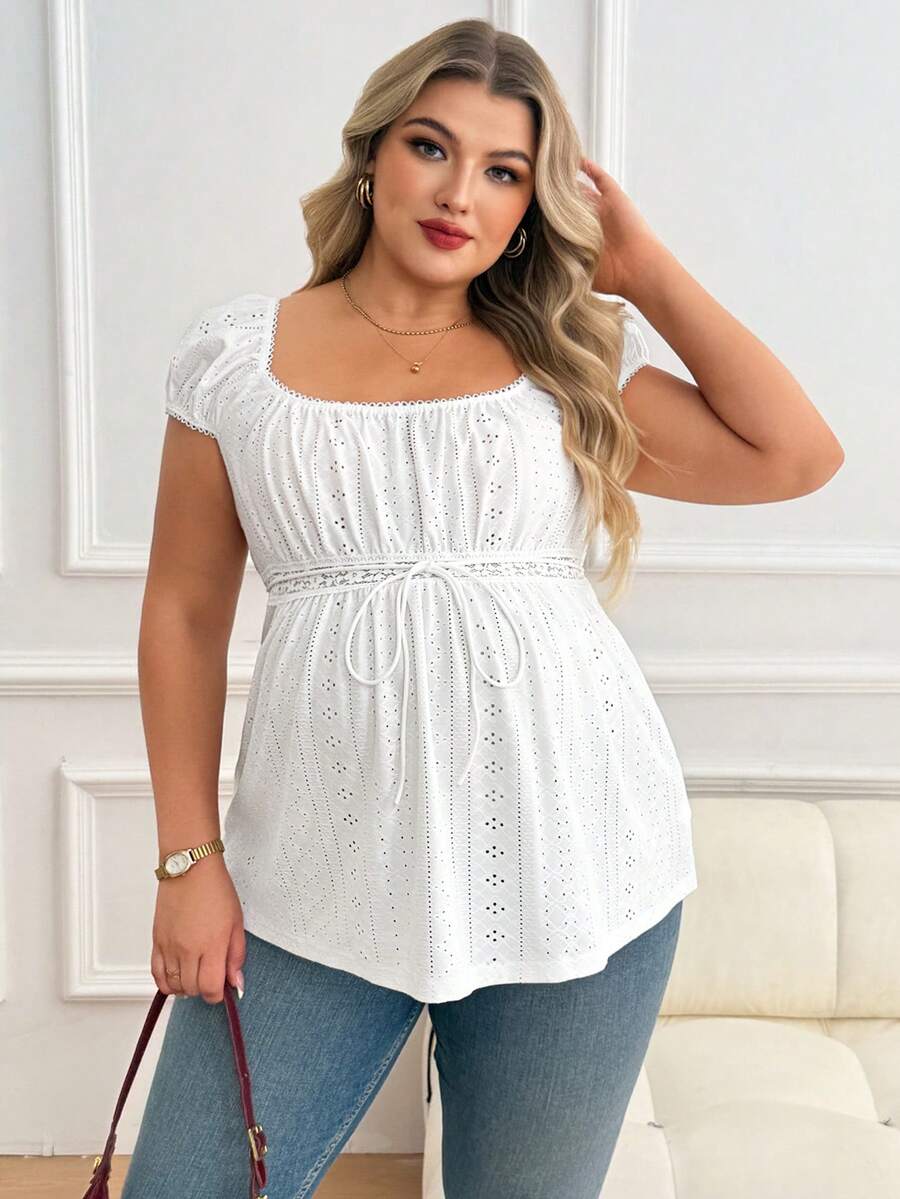 Maternity Plus Size Ruffle Trim Summer Top - Square Neck, Puff Sleeve, Drawstring, Pink