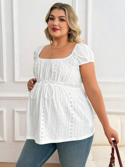Maternity Plus Size Ruffle Trim Summer Top - Square Neck, Puff Sleeve, Drawstring, Pink