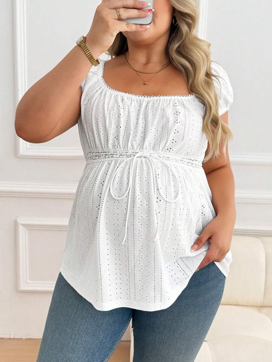 Maternity Plus Size Ruffle Trim Summer Top - Square Neck, Puff Sleeve, Drawstring, Pink