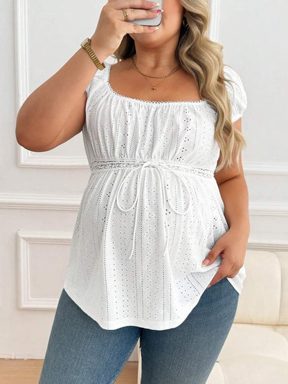 Maternity Plus Size Ruffle Trim Summer Top - Square Neck, Puff Sleeve, Drawstring, Pink