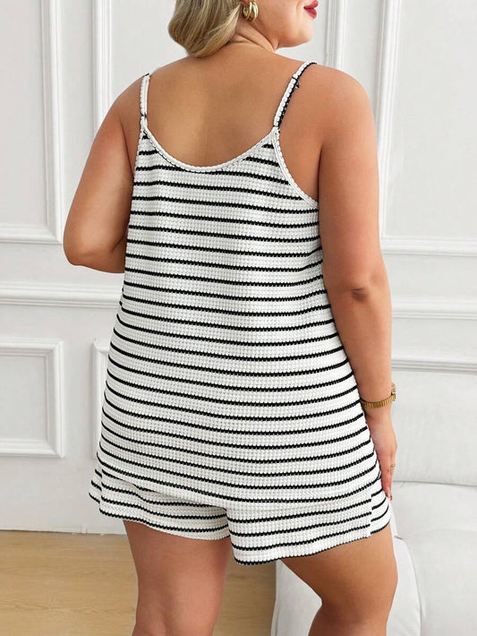 Plus Size Maternity Striped 2-Piece Set - Camisole & Shorts, Spaghetti Strap, Black and White