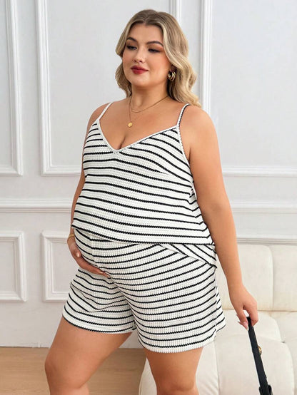 Plus Size Maternity Striped 2-Piece Set - Camisole & Shorts, Spaghetti Strap, Black and White