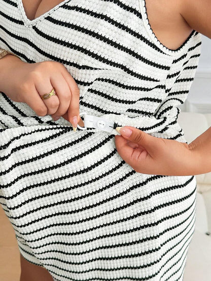 Plus Size Maternity Striped 2-Piece Set - Camisole & Shorts, Spaghetti Strap, Black and White