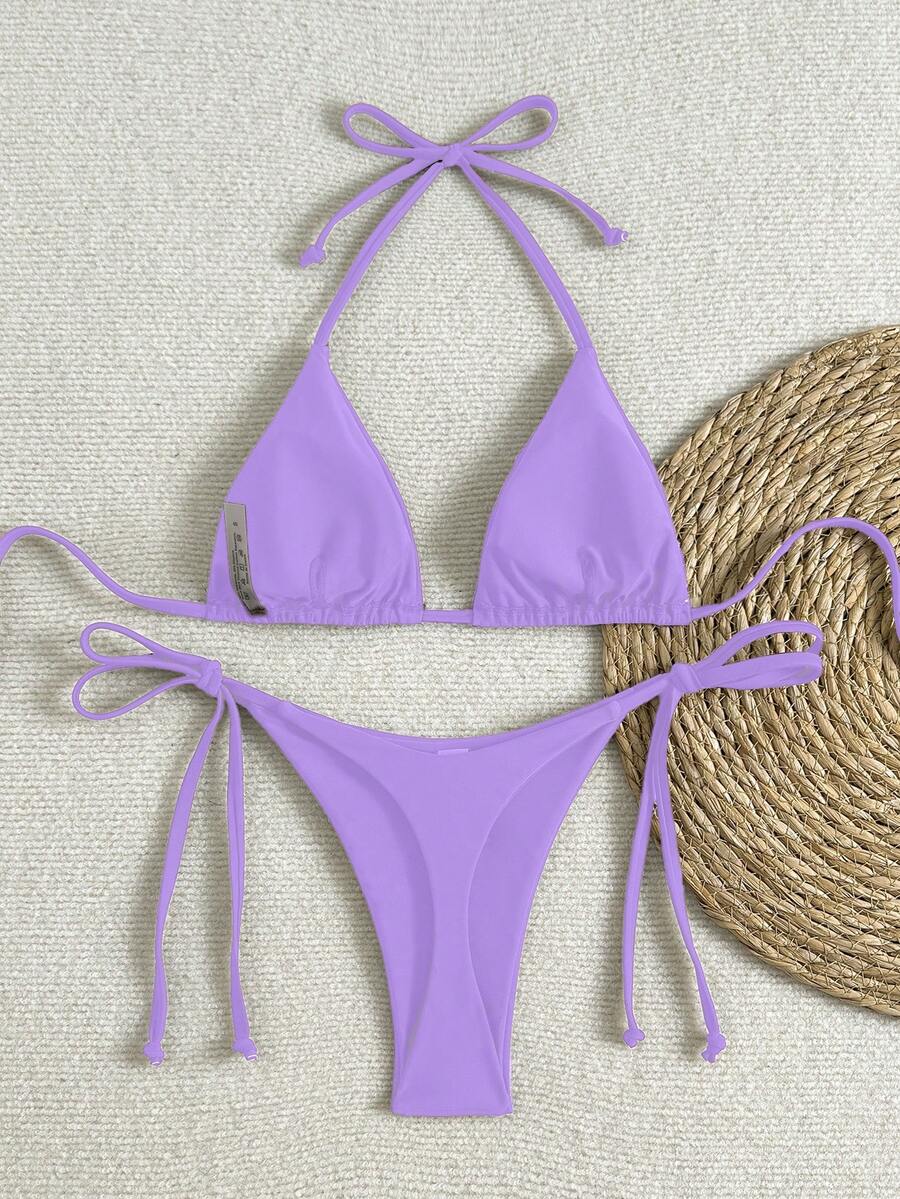 Swim Vcay Women's Solid Color Halter Tie Backless Sexy Thong Bikini Set Bikini Triangle Lemon Bikini Yellow Bathing Suits Light Yellow Bikini String Bikini Set