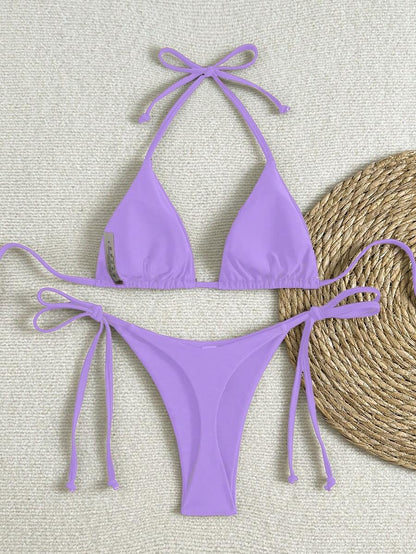 Swim Vcay Women's Solid Color Halter Tie Backless Sexy Thong Bikini Set Bikini Triangle Lemon Bikini Yellow Bathing Suits Light Yellow Bikini String Bikini Set
