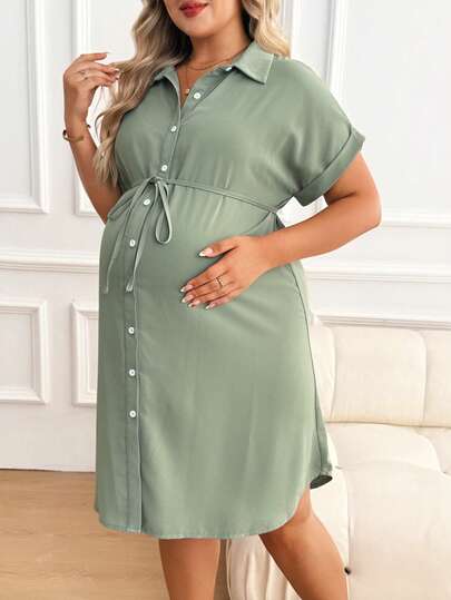 Plus Size Maternity Shirt Dress - Collar, Batwing Short Sleeve, Button Front, Knee Length, Green