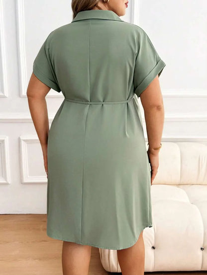 Plus Size Maternity Shirt Dress - Collar, Batwing Short Sleeve, Button Front, Knee Length, Green