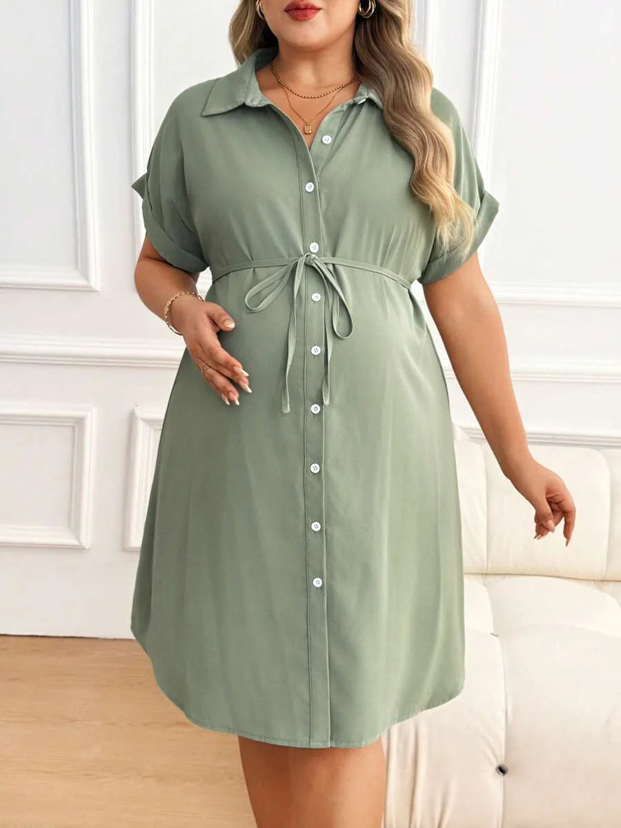 Plus Size Maternity Shirt Dress - Collar, Batwing Short Sleeve, Button Front, Knee Length, Green