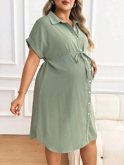 Plus Size Maternity Shirt Dress - Collar, Batwing Short Sleeve, Button Front, Knee Length, Green
