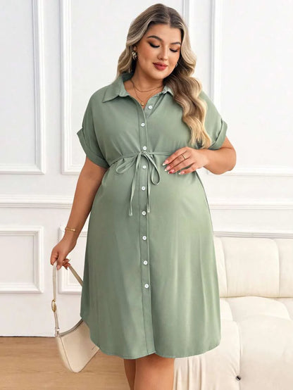 Plus Size Maternity Shirt Dress - Collar, Batwing Short Sleeve, Button Front, Knee Length, Green