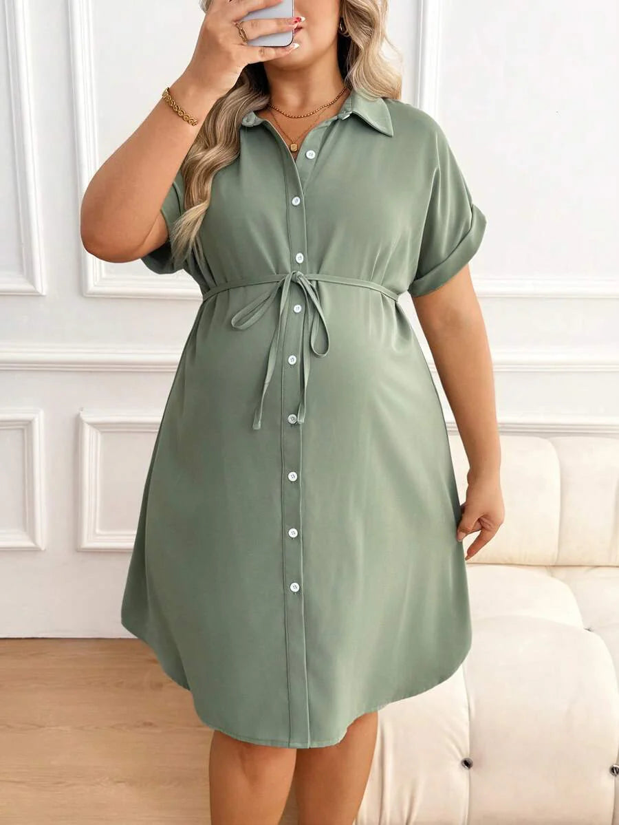 Plus Size Maternity Shirt Dress - Collar, Batwing Short Sleeve, Button Front, Knee Length, Green