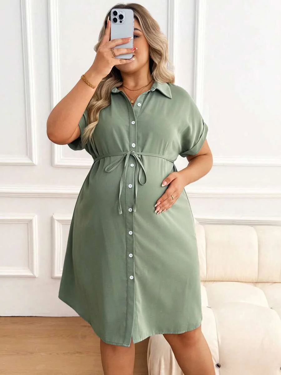 Plus Size Maternity Shirt Dress - Collar, Batwing Short Sleeve, Button Front, Knee Length, Green