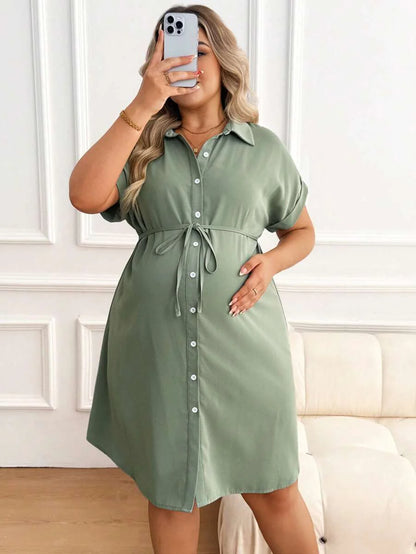 Plus Size Maternity Shirt Dress - Collar, Batwing Short Sleeve, Button Front, Knee Length, Green