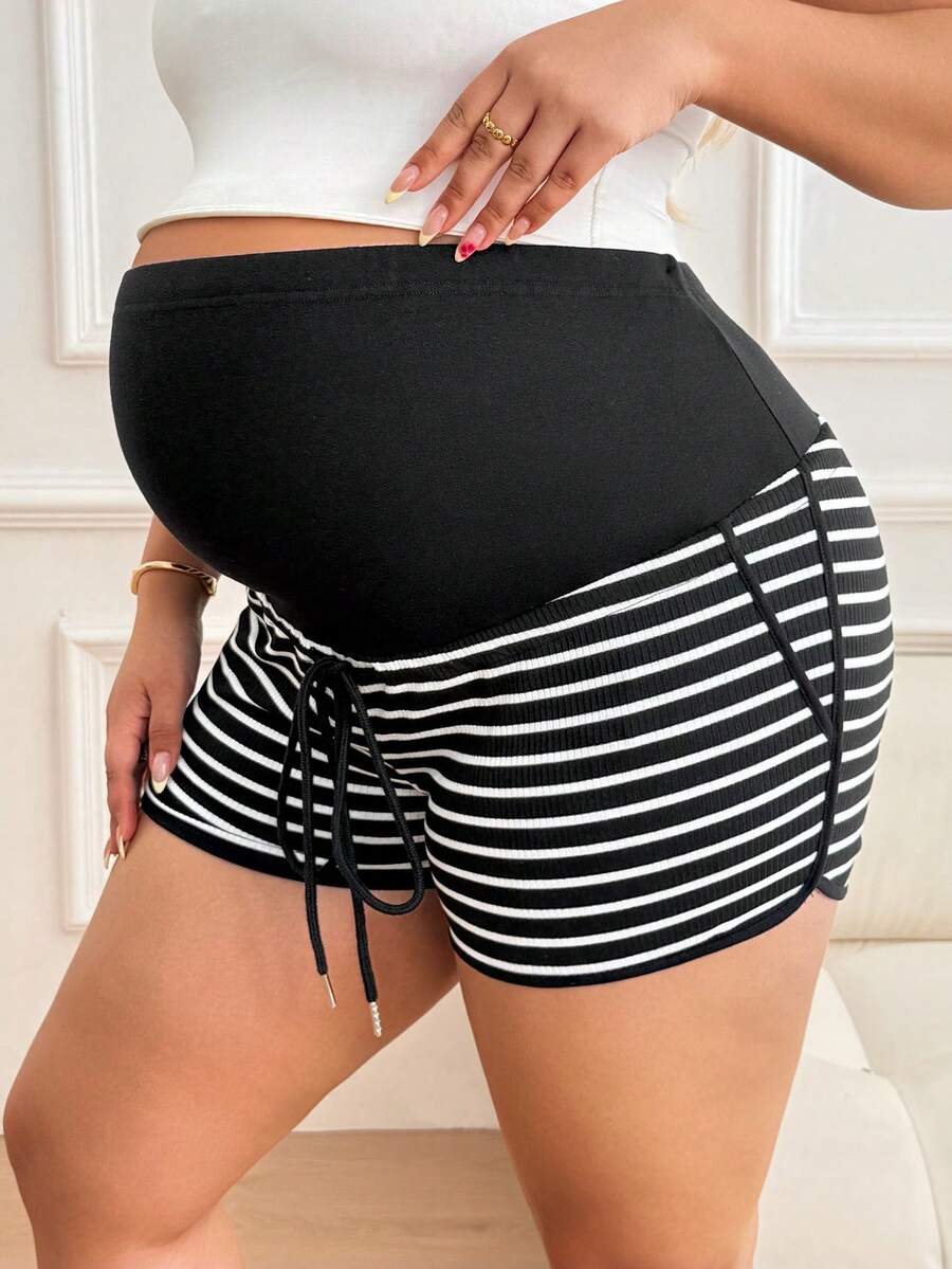 Plus Size Striped Ultra High Waist Maternity Shorts - Adjustable Belly Support Casual Summer Shorts