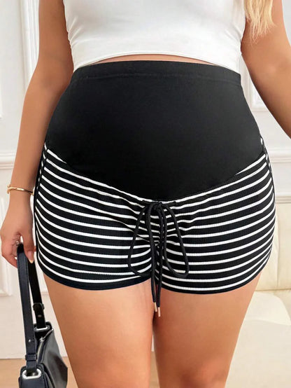 Plus Size Striped Ultra High Waist Maternity Shorts - Adjustable Belly Support Casual Summer Shorts