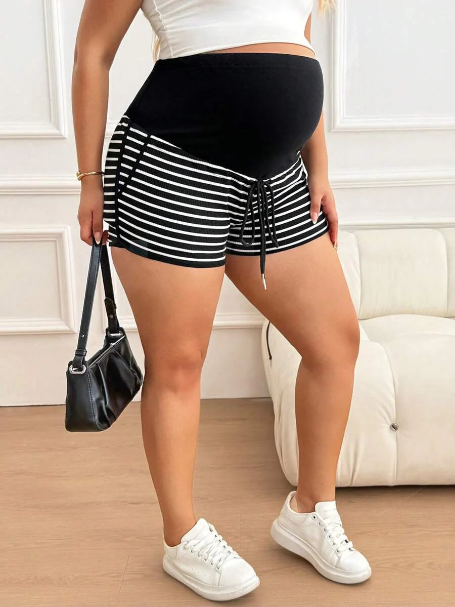 Plus Size Striped Ultra High Waist Maternity Shorts - Adjustable Belly Support Casual Summer Shorts