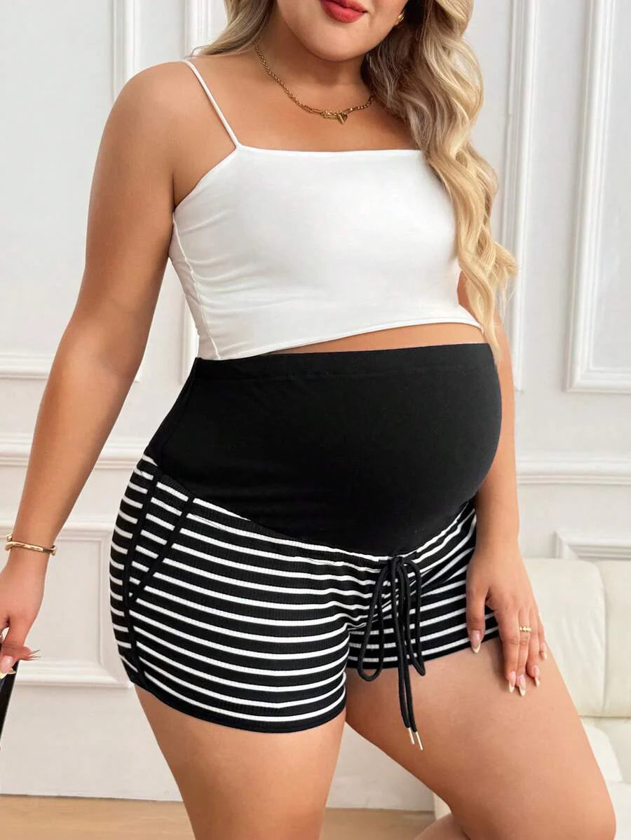 Plus Size Striped Ultra High Waist Maternity Shorts - Adjustable Belly Support Casual Summer Shorts