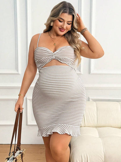 Plus Size Maternity Striped Cami Dress - Spaghetti Strap, Cold Shoulder, Cut Out, Slim Fit, Apricot