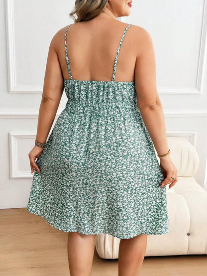 Plus Size Maternity Floral Sundress - Spaghetti Strap, Cold Shoulder, Backless, Short, Green