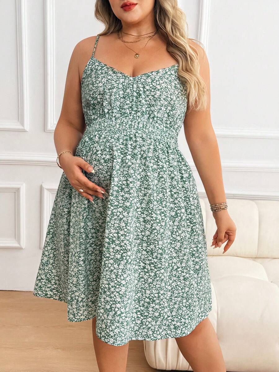 Plus Size Maternity Floral Sundress - Spaghetti Strap, Cold Shoulder, Backless, Short, Green