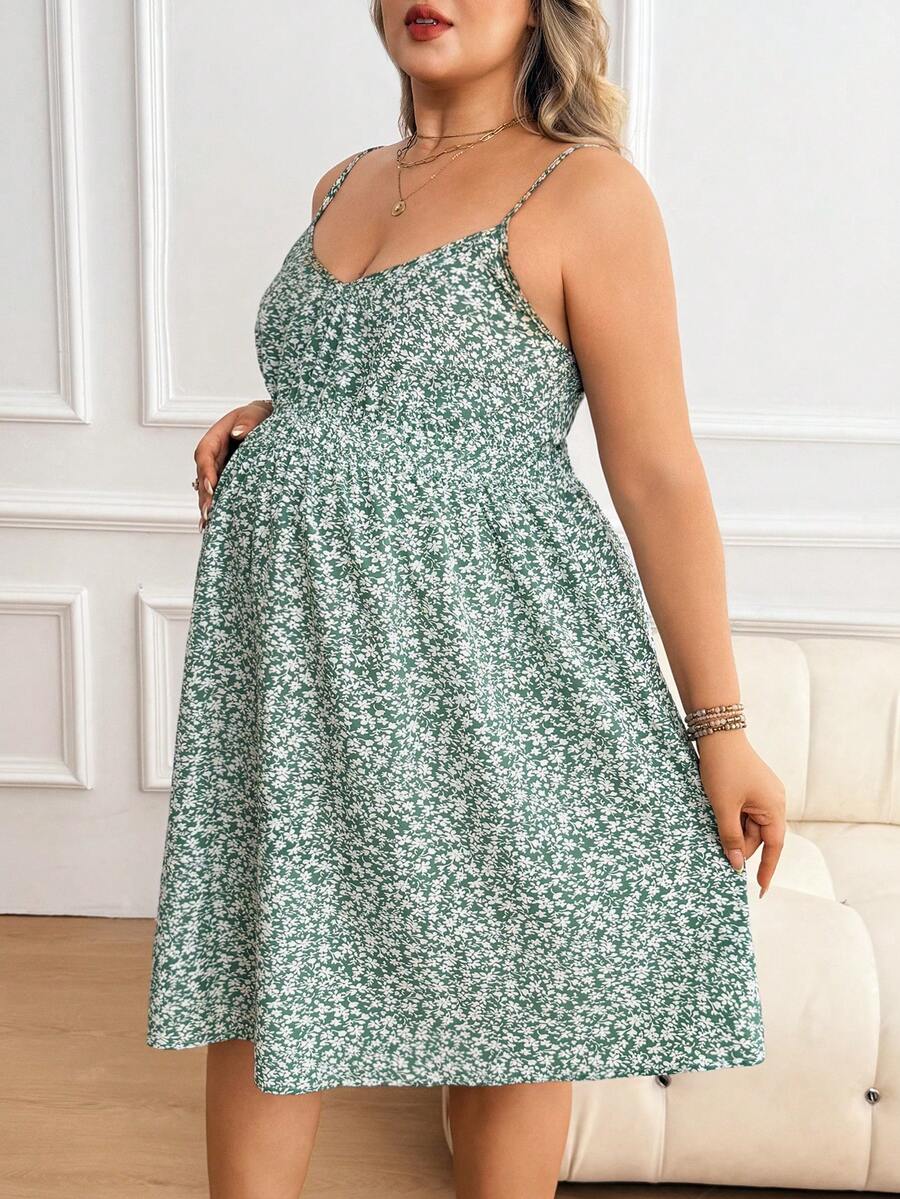 Plus Size Maternity Floral Sundress - Spaghetti Strap, Cold Shoulder, Backless, Short, Green