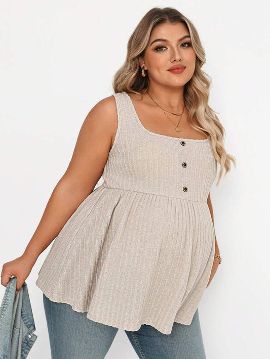 Plus Size Maternity Top - Square Neck, Sleeveless, Button, Umbrella Hem, Long, Apricot