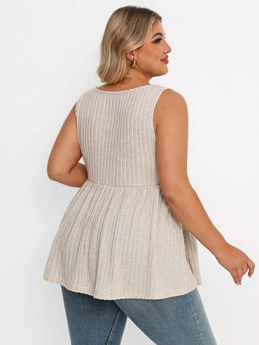 Plus Size Maternity Top - Square Neck, Sleeveless, Button, Umbrella Hem, Long, Apricot