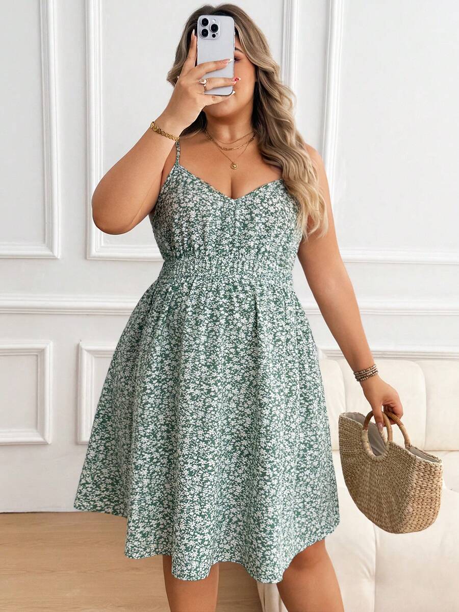 Plus Size Maternity Floral Sundress - Spaghetti Strap, Cold Shoulder, Backless, Short, Green