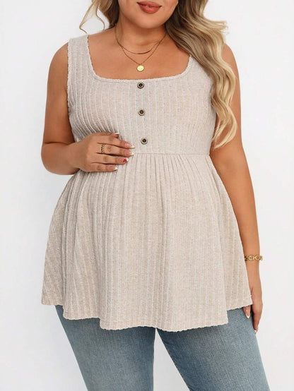 Plus Size Maternity Top - Square Neck, Sleeveless, Button, Umbrella Hem, Long, Apricot