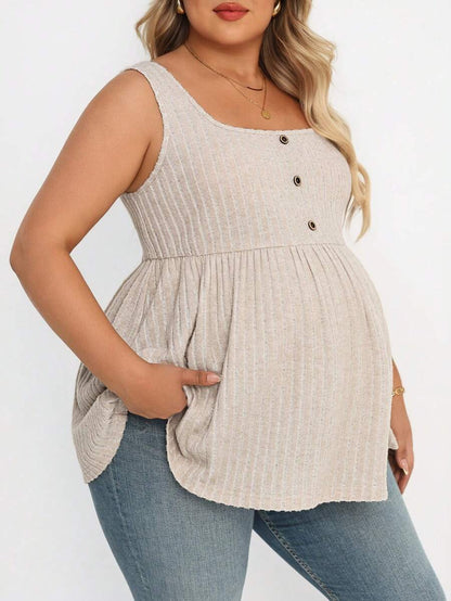 Plus Size Maternity Top - Square Neck, Sleeveless, Button, Umbrella Hem, Long, Apricot