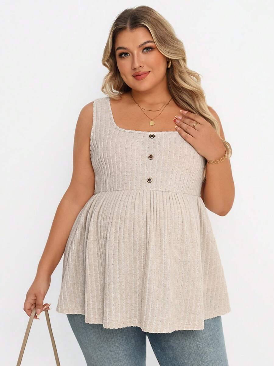 Plus Size Maternity Top - Square Neck, Sleeveless, Button, Umbrella Hem, Long, Apricot