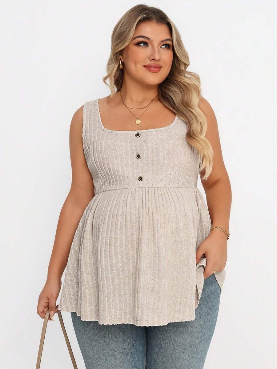 Plus Size Maternity Top - Square Neck, Sleeveless, Button, Umbrella Hem, Long, Apricot