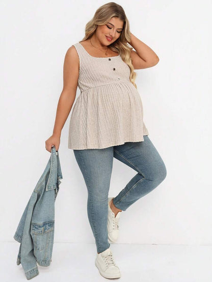 Plus Size Maternity Top - Square Neck, Sleeveless, Button, Umbrella Hem, Long, Apricot