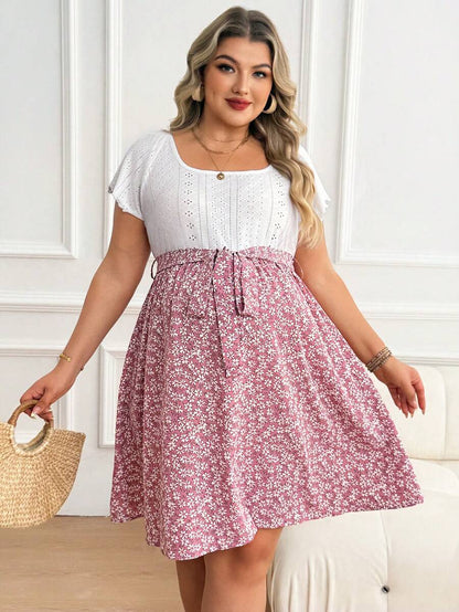 Plus Size Maternity Floral Patchwork Dress - Scoop Neck, Batwing Short Sleeve, Belted, High Waist, Pink