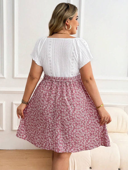 Plus Size Maternity Floral Patchwork Dress - Scoop Neck, Batwing Short Sleeve, Belted, High Waist, Pink