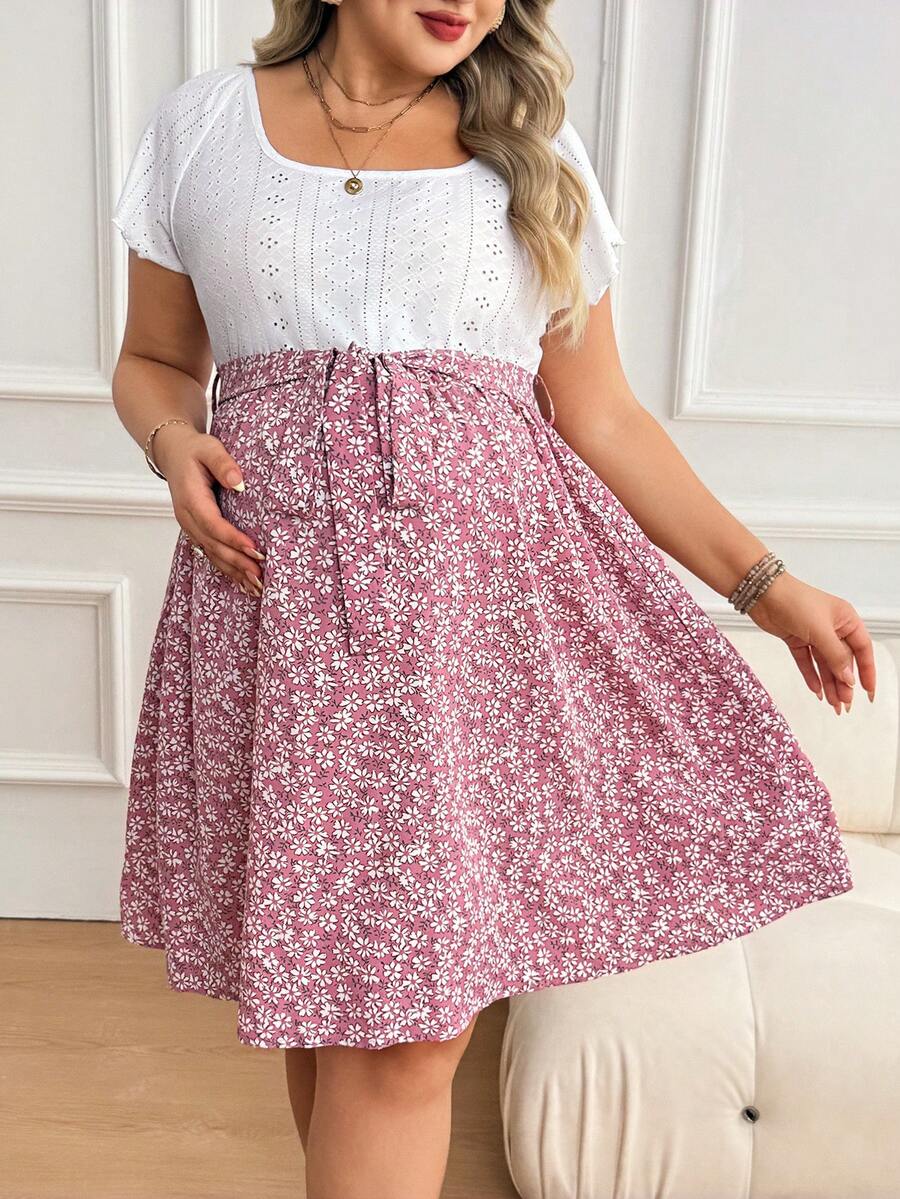 Plus Size Maternity Floral Patchwork Dress - Scoop Neck, Batwing Short Sleeve, Belted, High Waist, Pink