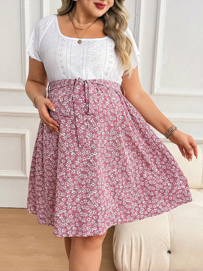 Plus Size Maternity Floral Patchwork Dress - Scoop Neck, Batwing Short Sleeve, Belted, High Waist, Pink