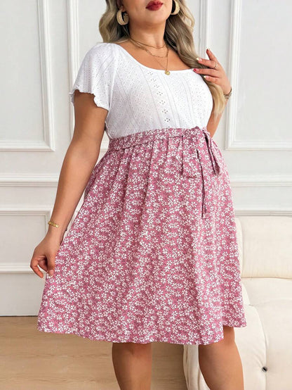 Plus Size Maternity Floral Patchwork Dress - Scoop Neck, Batwing Short Sleeve, Belted, High Waist, Pink