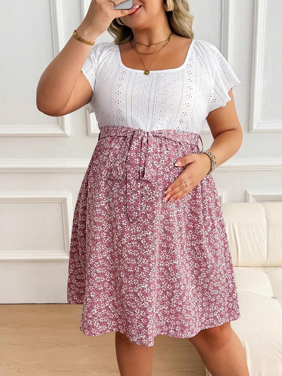 Plus Size Maternity Floral Patchwork Dress - Scoop Neck, Batwing Short Sleeve, Belted, High Waist, Pink