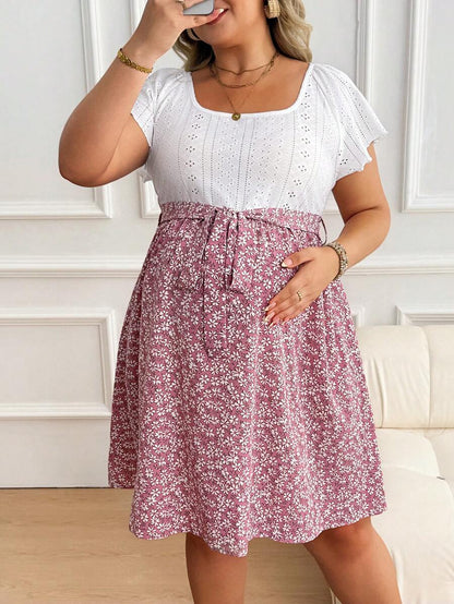 Plus Size Maternity Floral Patchwork Dress - Scoop Neck, Batwing Short Sleeve, Belted, High Waist, Pink
