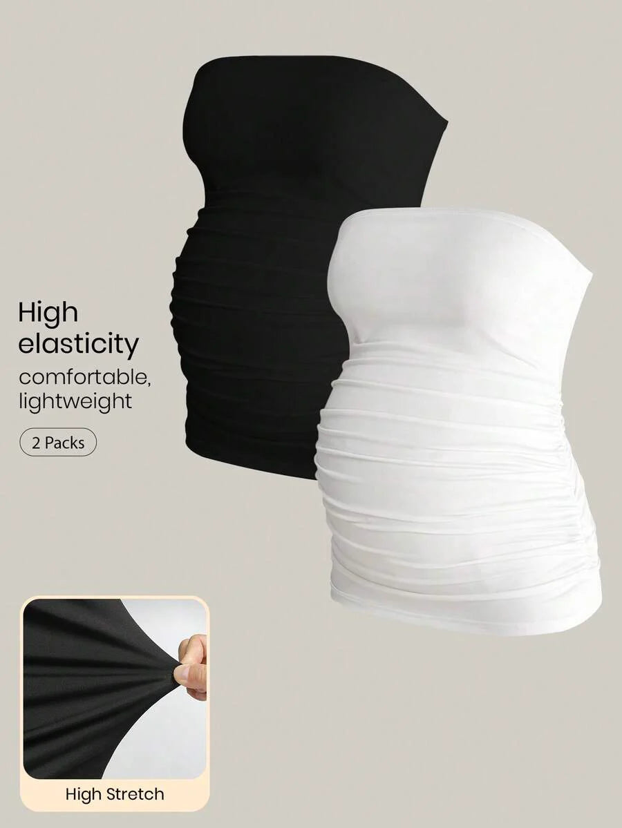 Maternity Strapless Tube Top Set - Ruched, Slim Fit, Beach Casual, Black, 2-Piece