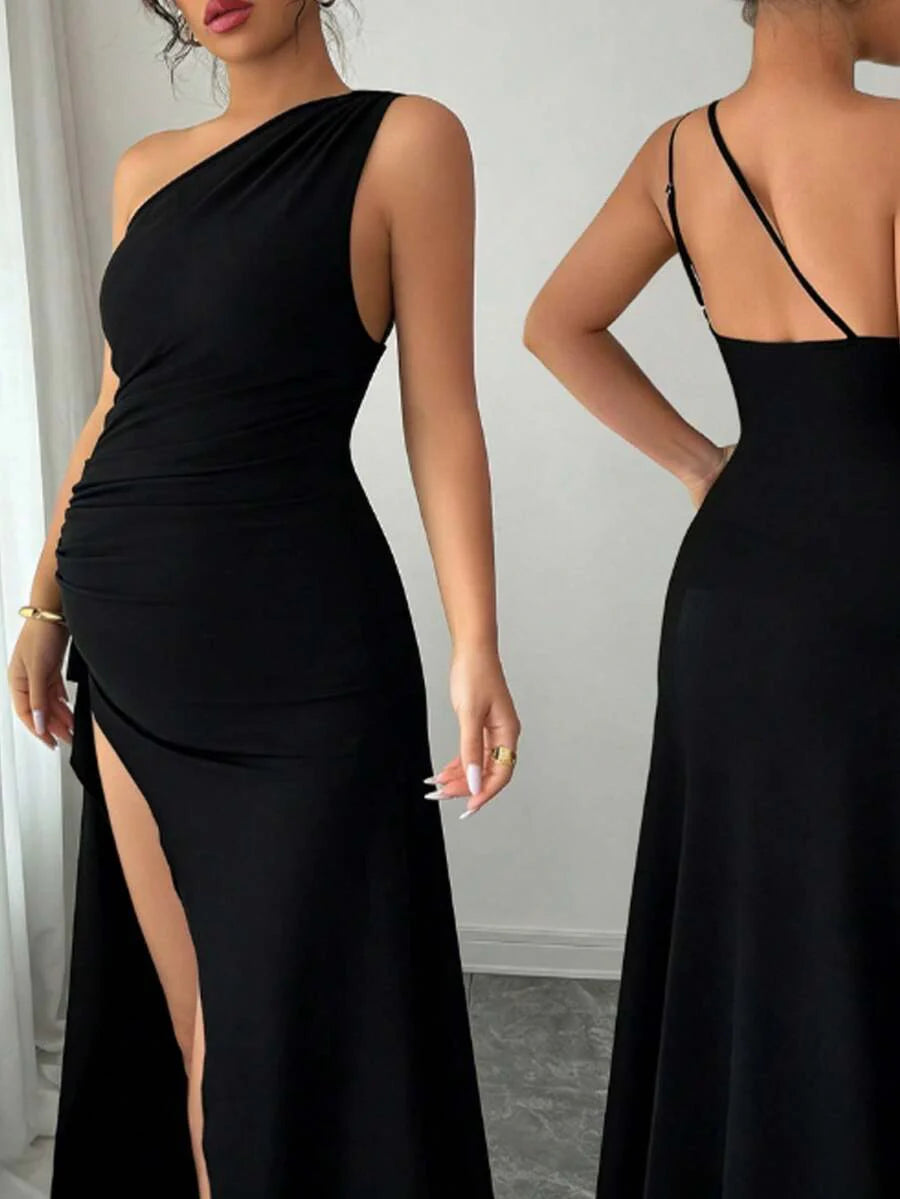 Elegant Black Spaghetti Strap Maternity Dress - Slimming Asymmetrical Neck Backless Cami Dress with Slit Hem for Office & Casual Wear