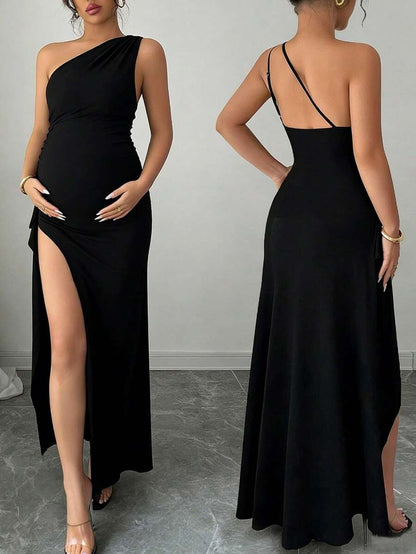 Elegant Black Spaghetti Strap Maternity Dress - Slimming Asymmetrical Neck Backless Cami Dress with Slit Hem for Office & Casual Wear