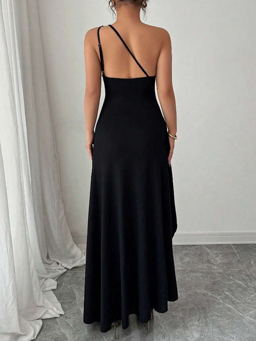 Elegant Black Spaghetti Strap Maternity Dress - Slimming Asymmetrical Neck Backless Cami Dress with Slit Hem for Office & Casual Wear