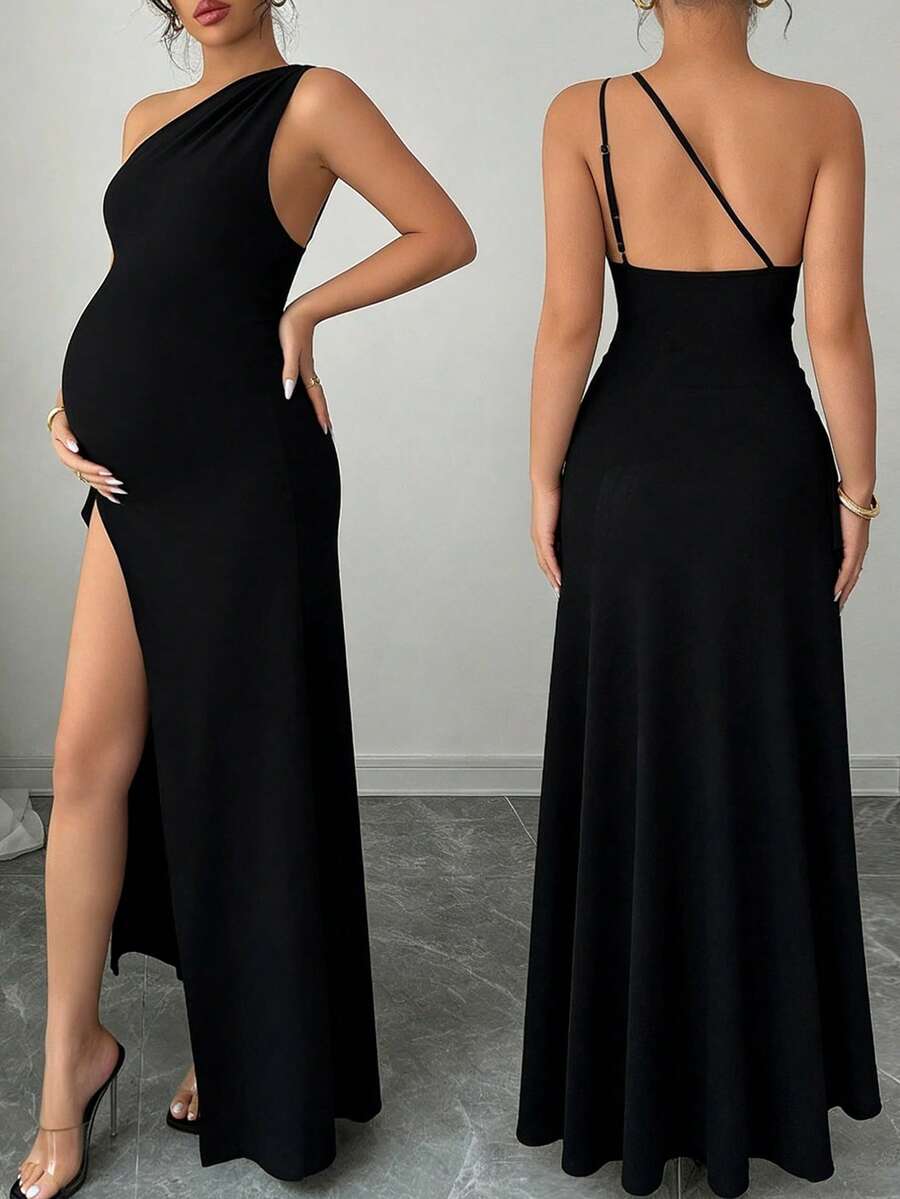 Elegant Black Spaghetti Strap Maternity Dress - Slimming Asymmetrical Neck Backless Cami Dress with Slit Hem for Office & Casual Wear